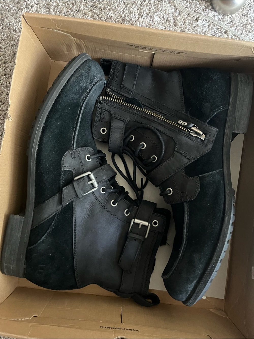 UGG Men's Black Leather & Suede Lace-Up Ankle Boots with Buckle Olmsted